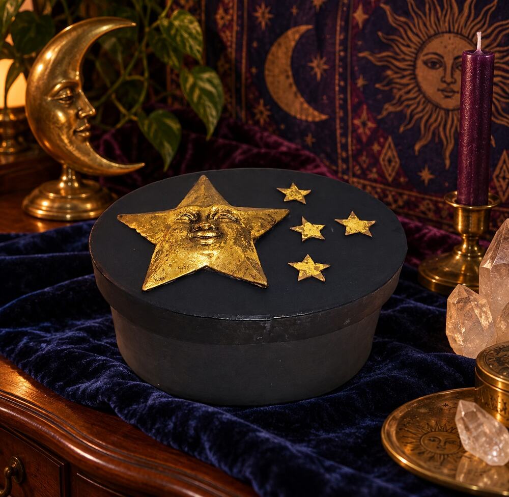 Vintage 90s Celestial Sun Face Oval Trinket Box Whimsygoth Navy Gold Storage